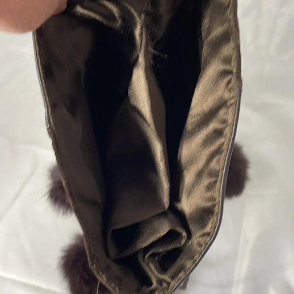 SHOE BAG Dark Chocolate Brown Pom Pom  Drawstring Genuine Leather Fur Patchwork - Picture 4 of 7